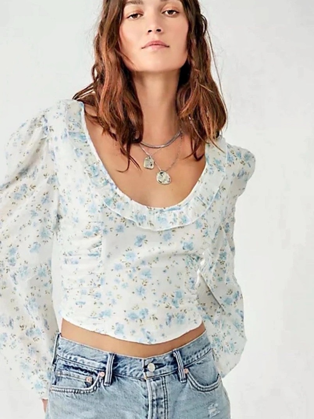 Free People Another Life Printed Floral Crop Top - Size Small Blue White